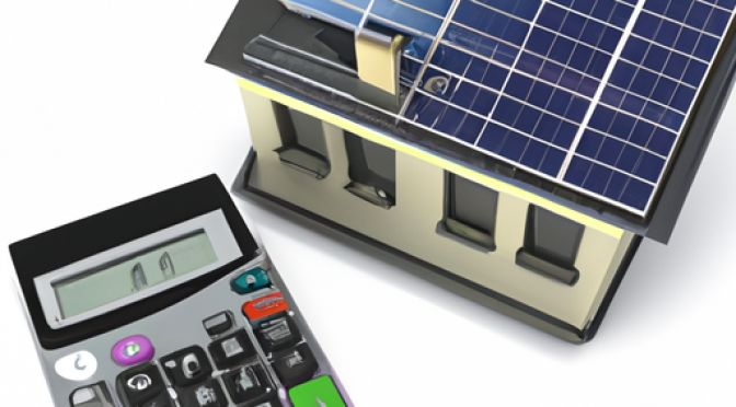 Solar panels on house roof with calculator, illustration