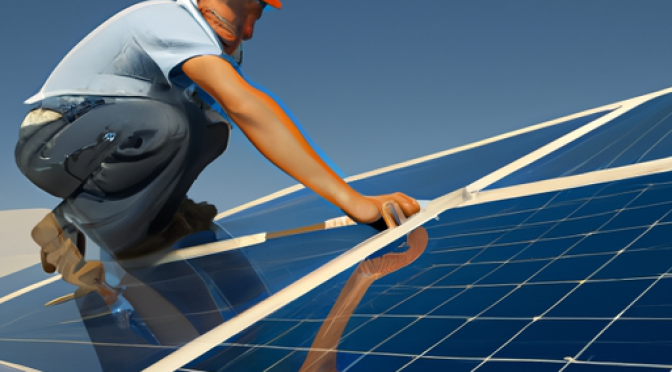 Technician working on solar panels, photo