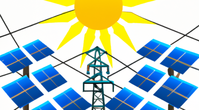 Electric grid with sun and solar panels, illustration