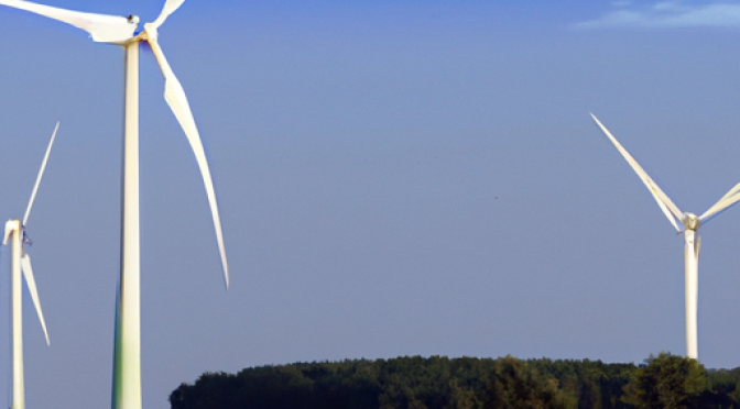 Wind turbines in a field, photo in Photorealism style