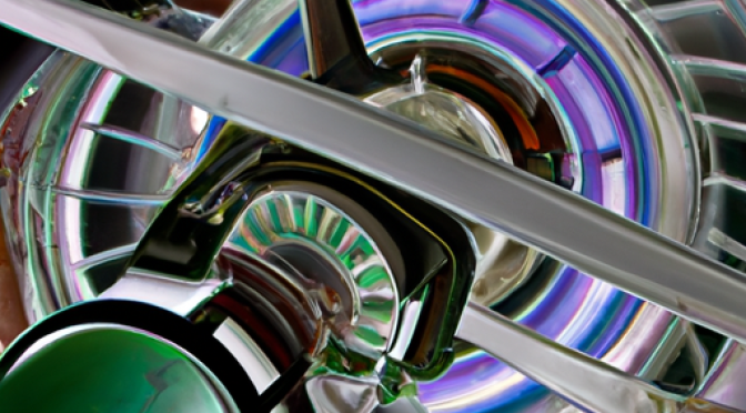 Inside machinery of a wind turbine, illustration in Photorealism style