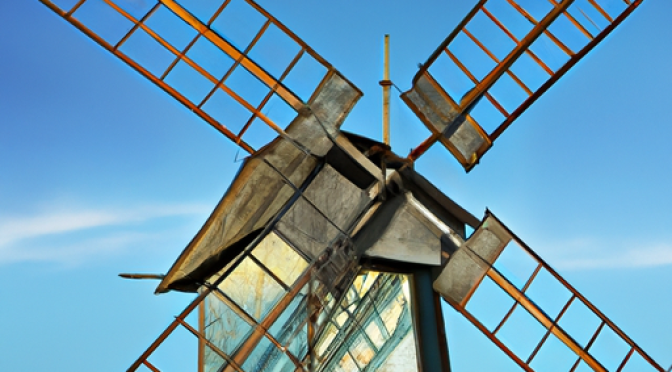 Old-fashioned windmill generating power, photo in Photorealism style
