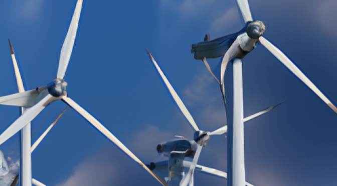 Different types of wind turbines in a row, photo in Photorealism style
