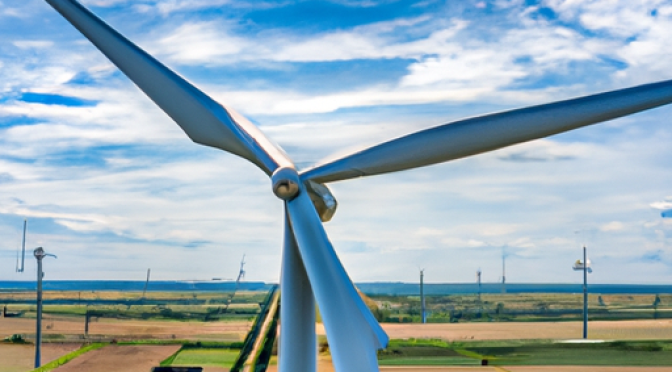 Aerial view of a wind farm, photo in Photorealism style