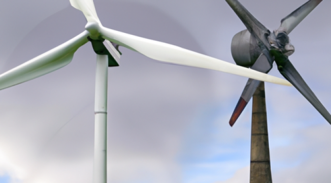 Aged wind turbine next to a new one, photo in Photorealism style