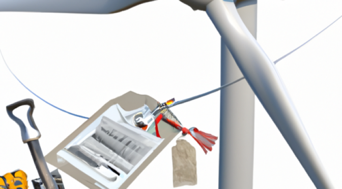 Wind turbine with price tag and installation equipment, illustration in Photorealism style