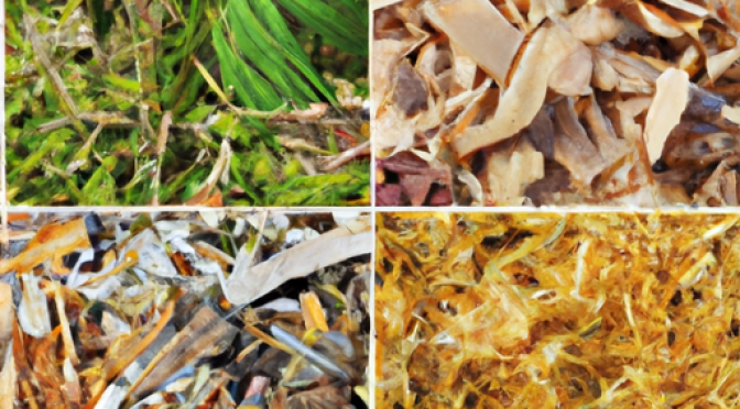 Collage of different types of biomass including wood chips, algae, and crop residues.