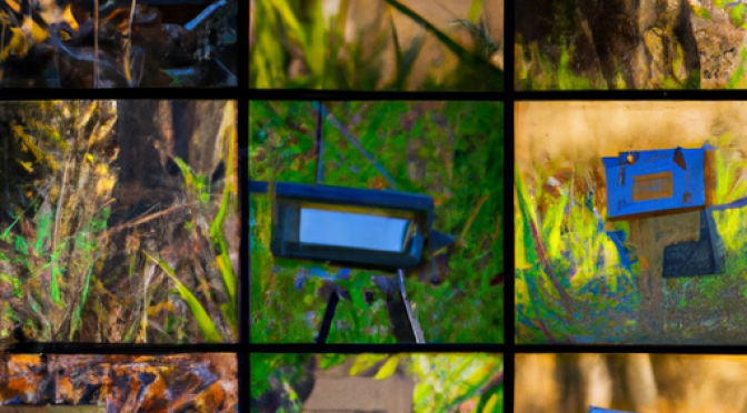 Camera trap setup photo, captured wildlife images collage