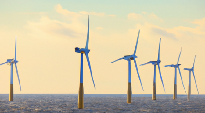 Offshore wind turbines in the sea, photo