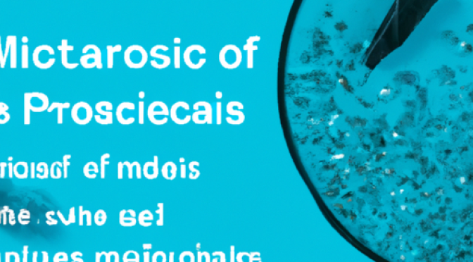 Microplastics under microscope photo, environmental challenges infographic