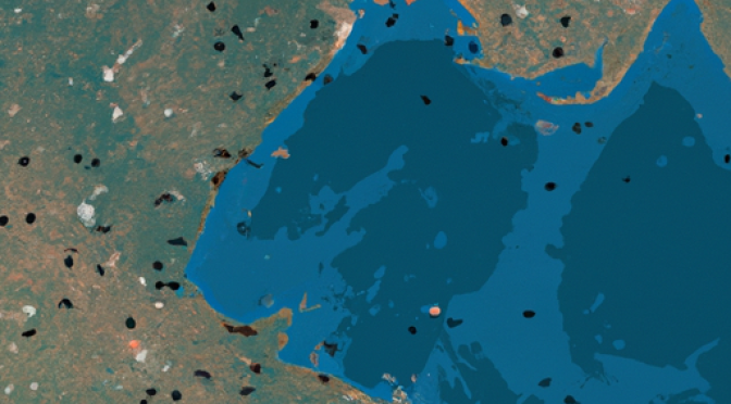 Satellite image, migratory animal path overlay