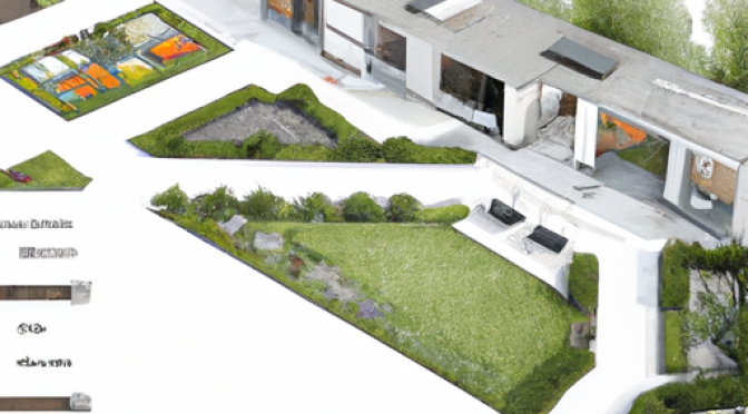 Passive house garden design photo, exterior space planning illustration