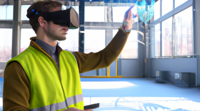 Engineer using VR/AR for energy optimization, power efficiency visualization