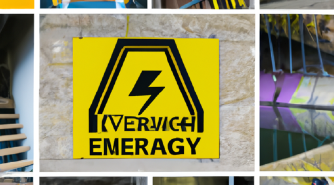 Photo montage of safety signs, emergency exits, and protective equipment at a hydropower facility.