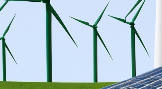 EVs with wind turbines and solar panels photo, green energy synergy graphics