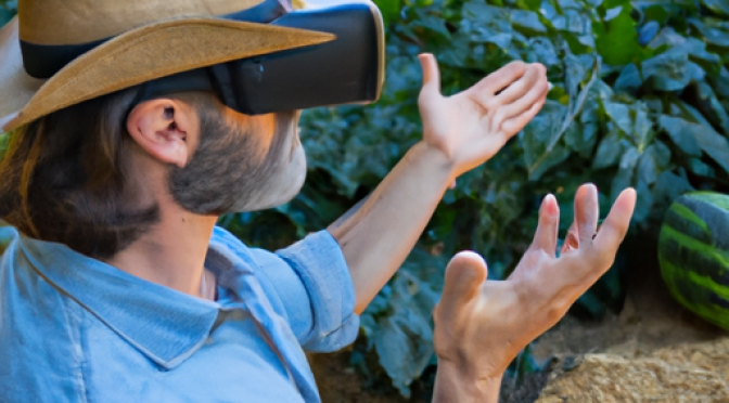 Farm setting with farmer using VR/AR, eco-friendly farming practices