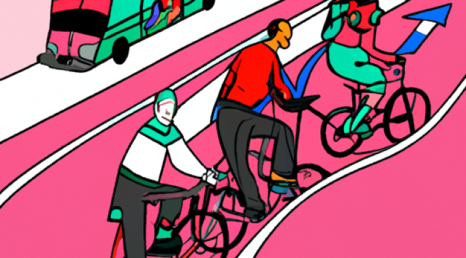 digital fancy illustration, powerful colours, Transportation choices, carpooling, public transit, biking.