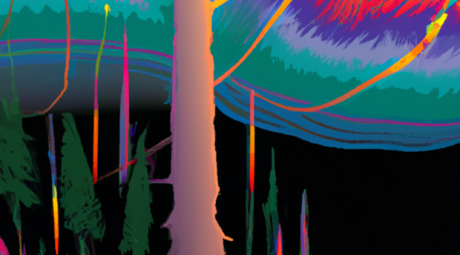 digital fancy illustration, powerful colours, Deforestation, impact on biodiversity, carbon sequestration.