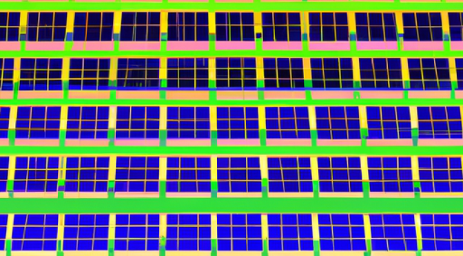 digital fancy illustration, powerful colours, AI in solar farms, maximizing solar energy capture, predicting solar patterns.