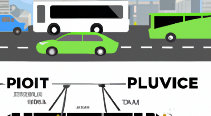 Public transportation vs EVs photo, city traffic illustration