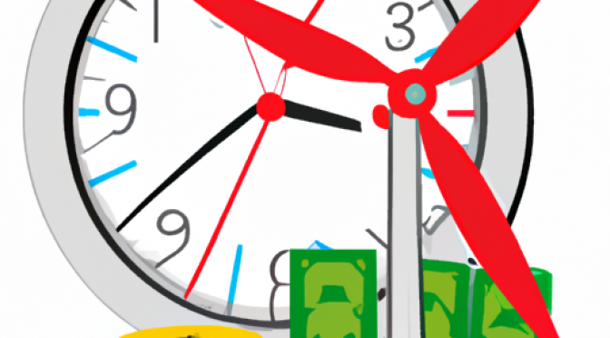 Wind turbine with timer and money symbols, illustration