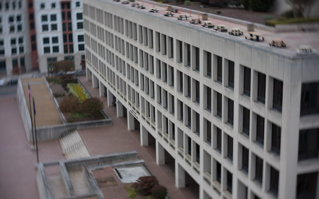 Elevated view of the long concrete facade of the Department of Labor headquarters