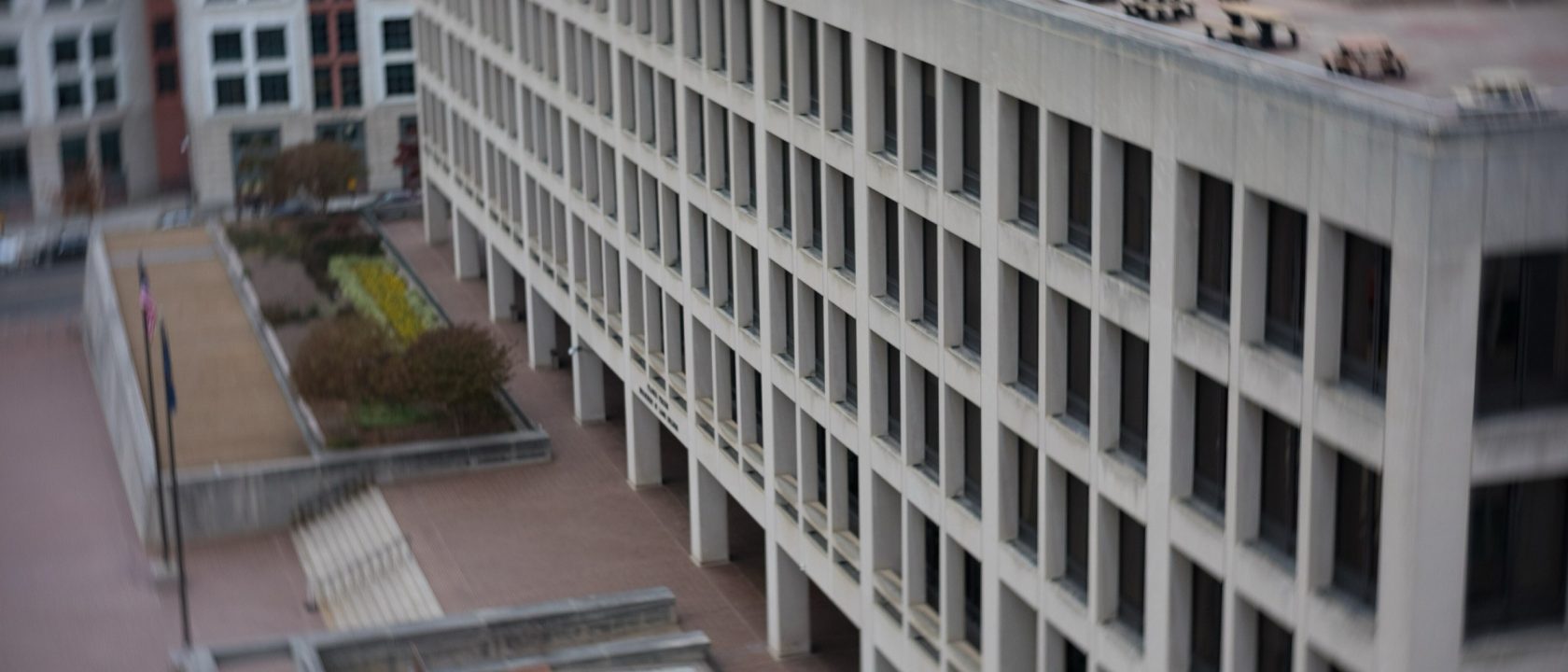 Elevated view of the long concrete facade of the Department of Labor headquarters