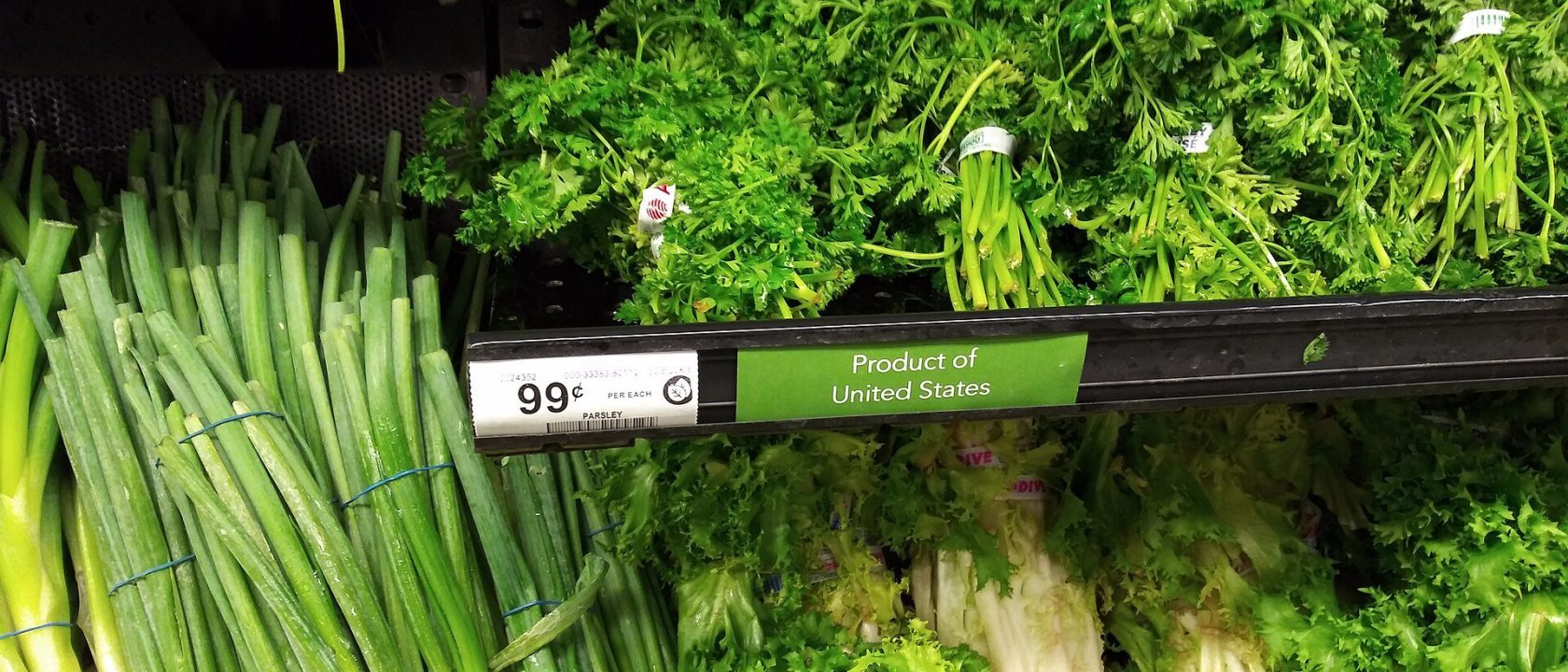 Bunches of parsley and green onions on a supermarket shelf with a 99-cent price tag