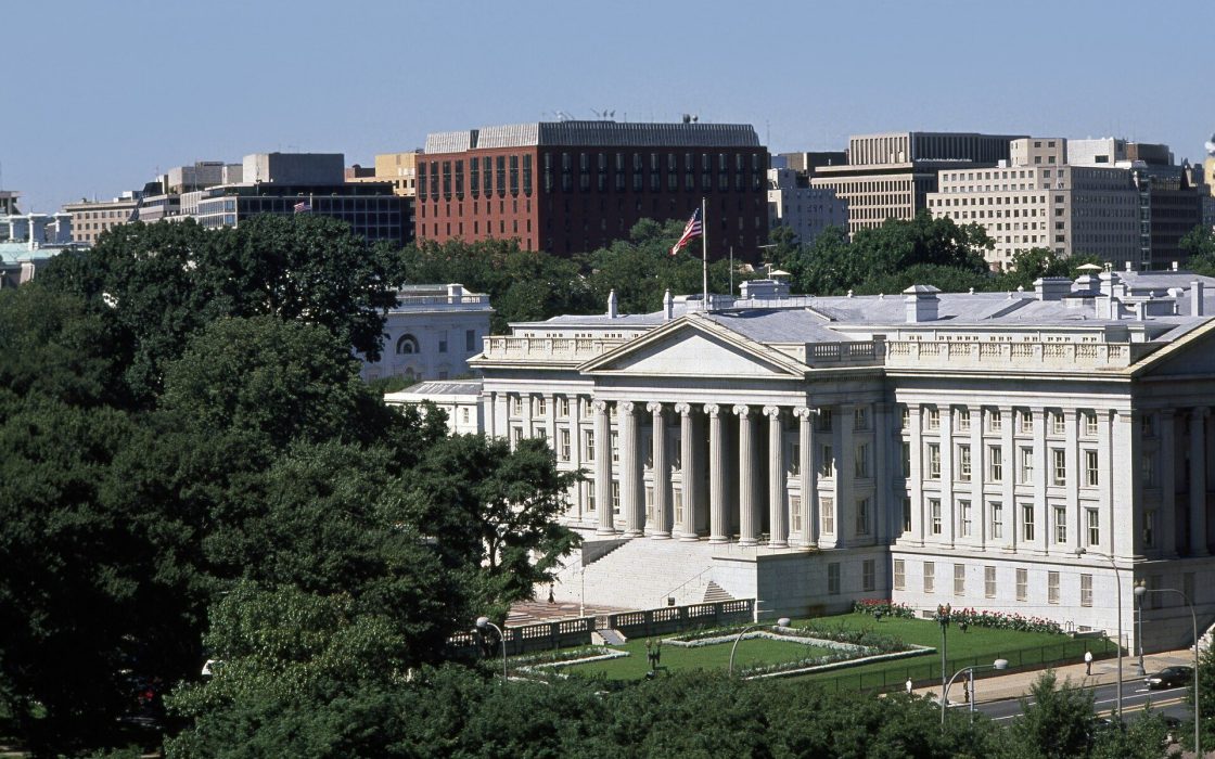 Aerial view of the columned U.S. Treasury Department building in Washington