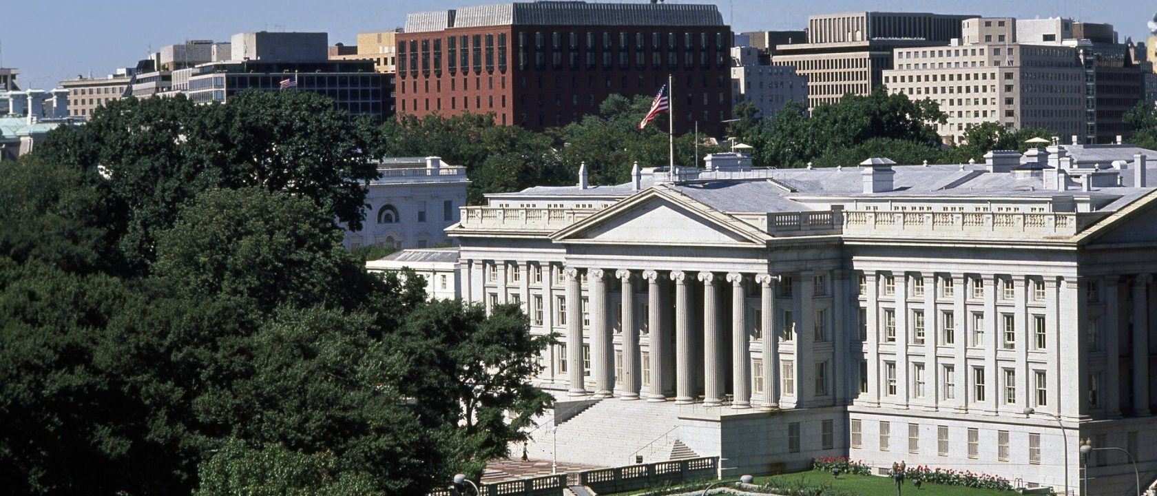 Aerial view of the columned U.S. Treasury Department building in Washington